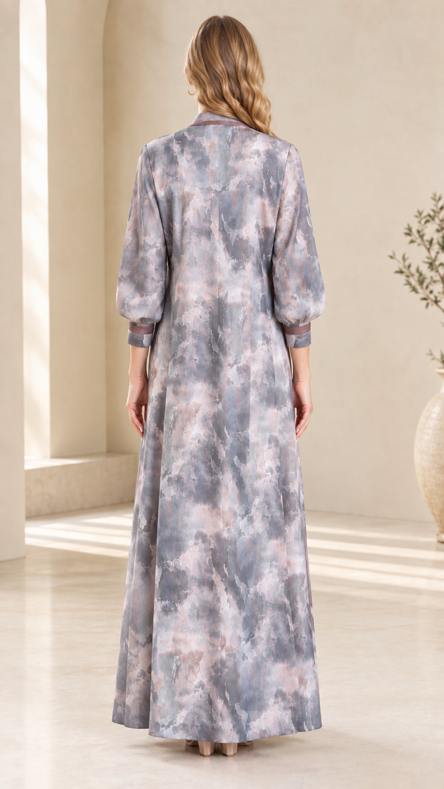 Back view of dusty mauve watercolor maxi duster coat