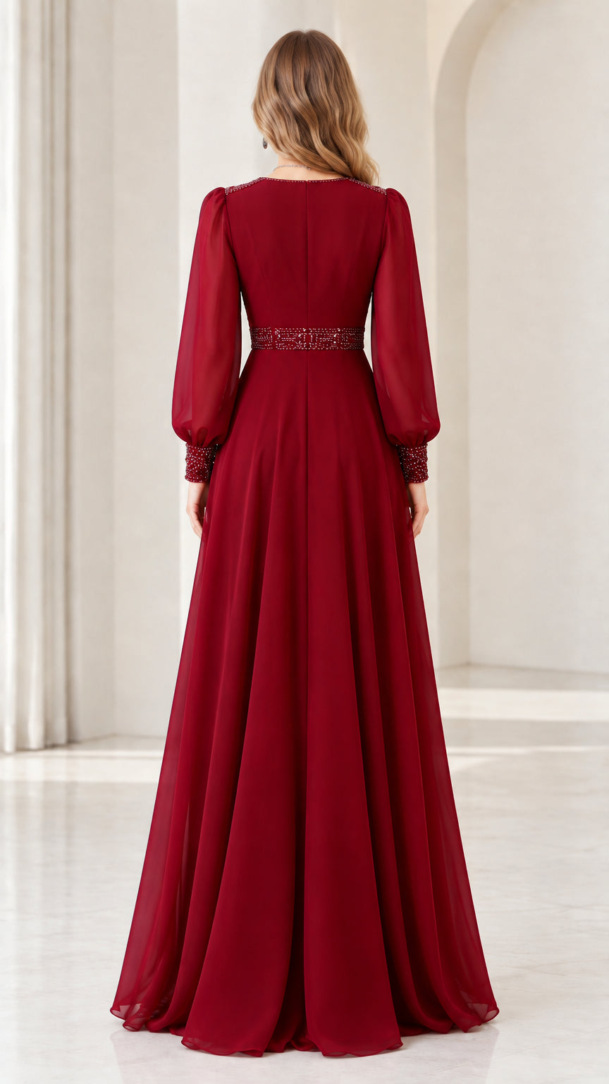 Back view of floor-length burgundy chiffon evening dress