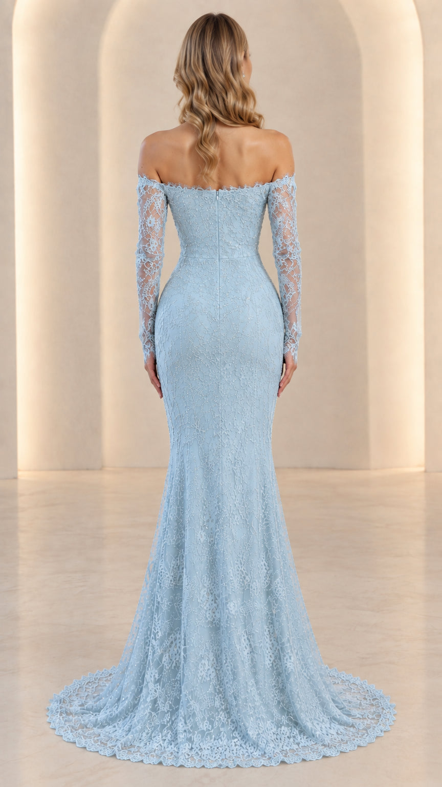 Back view of light blue off-the-shoulder lace evening gown highlighting silhouette