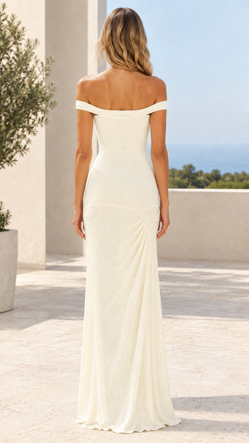 Back view of model wearing ivory off-the-shoulder fitted evening dress