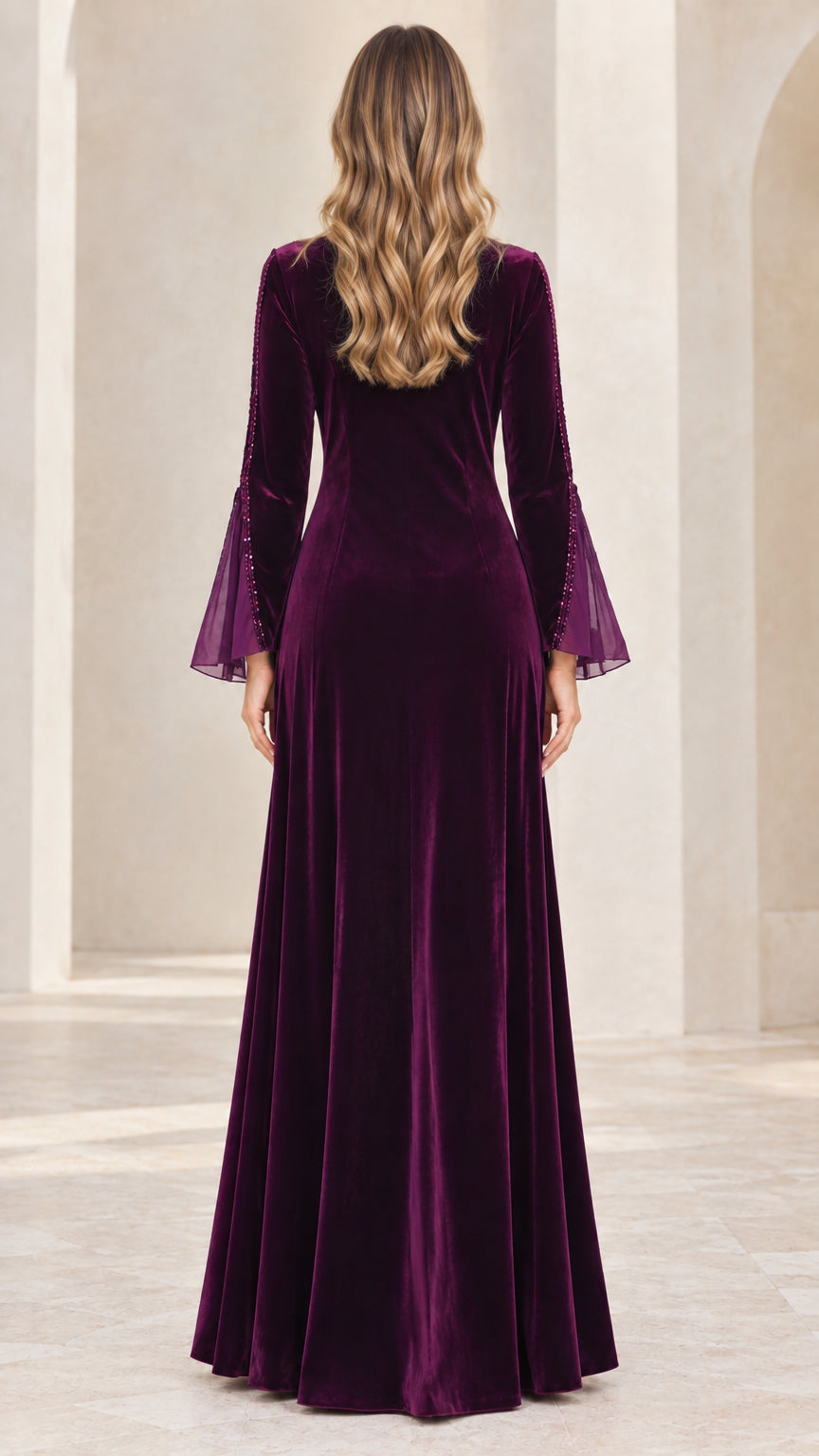 Back view of purple velvet floor-length gown