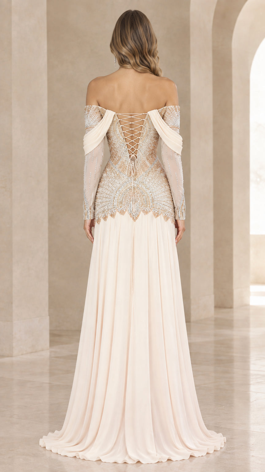 Back view of champagne evening gown showcasing lace-up corset detail