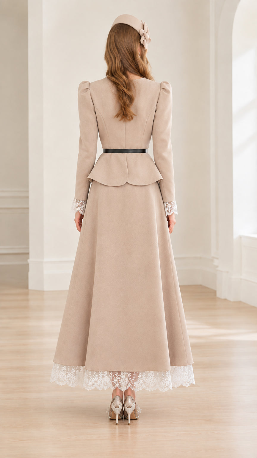 Back view of woman wearing elegant beige peplum jacket and maxi skirt with lace trim