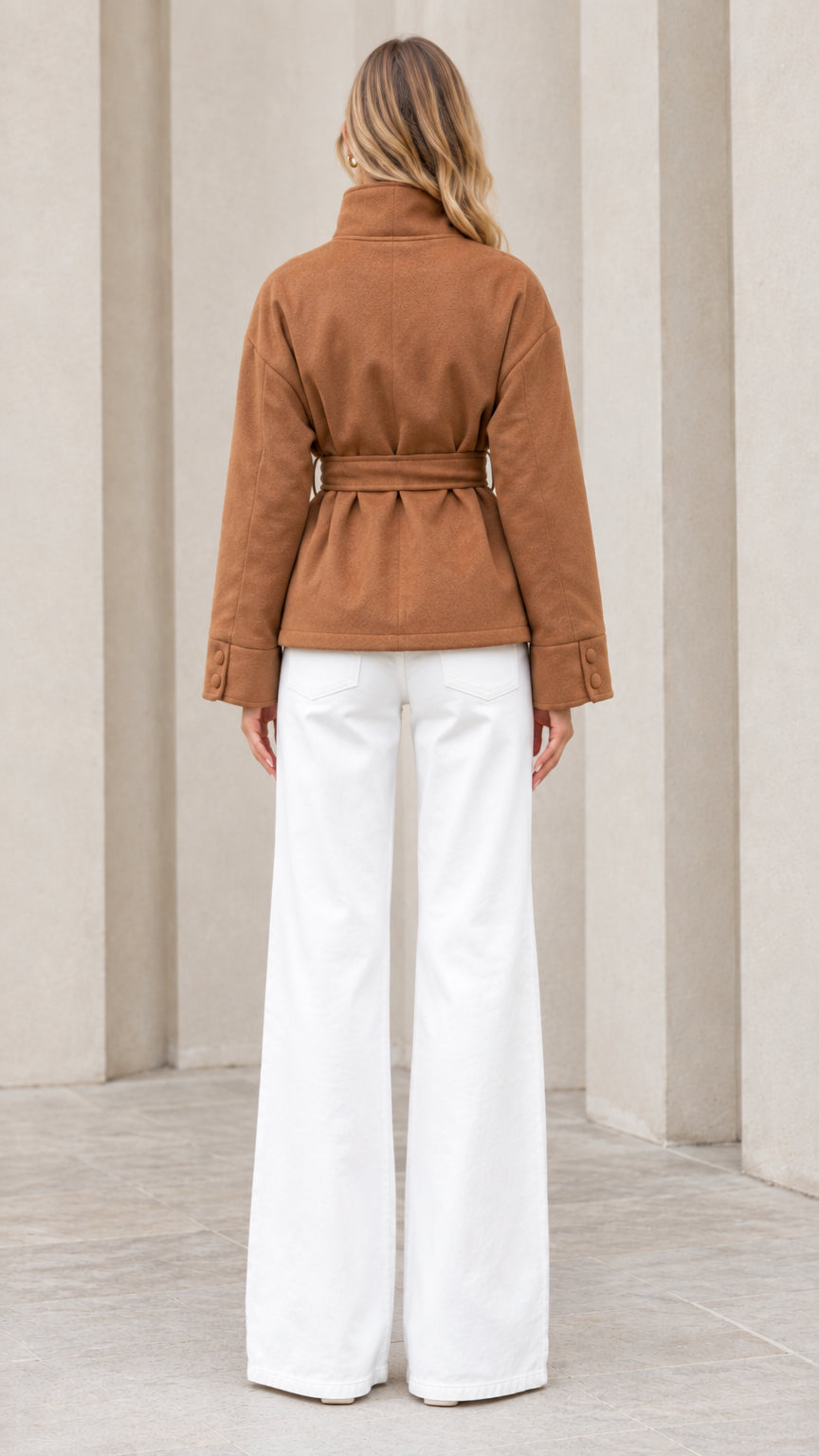 Back view of camel short coat with self tie waist belt