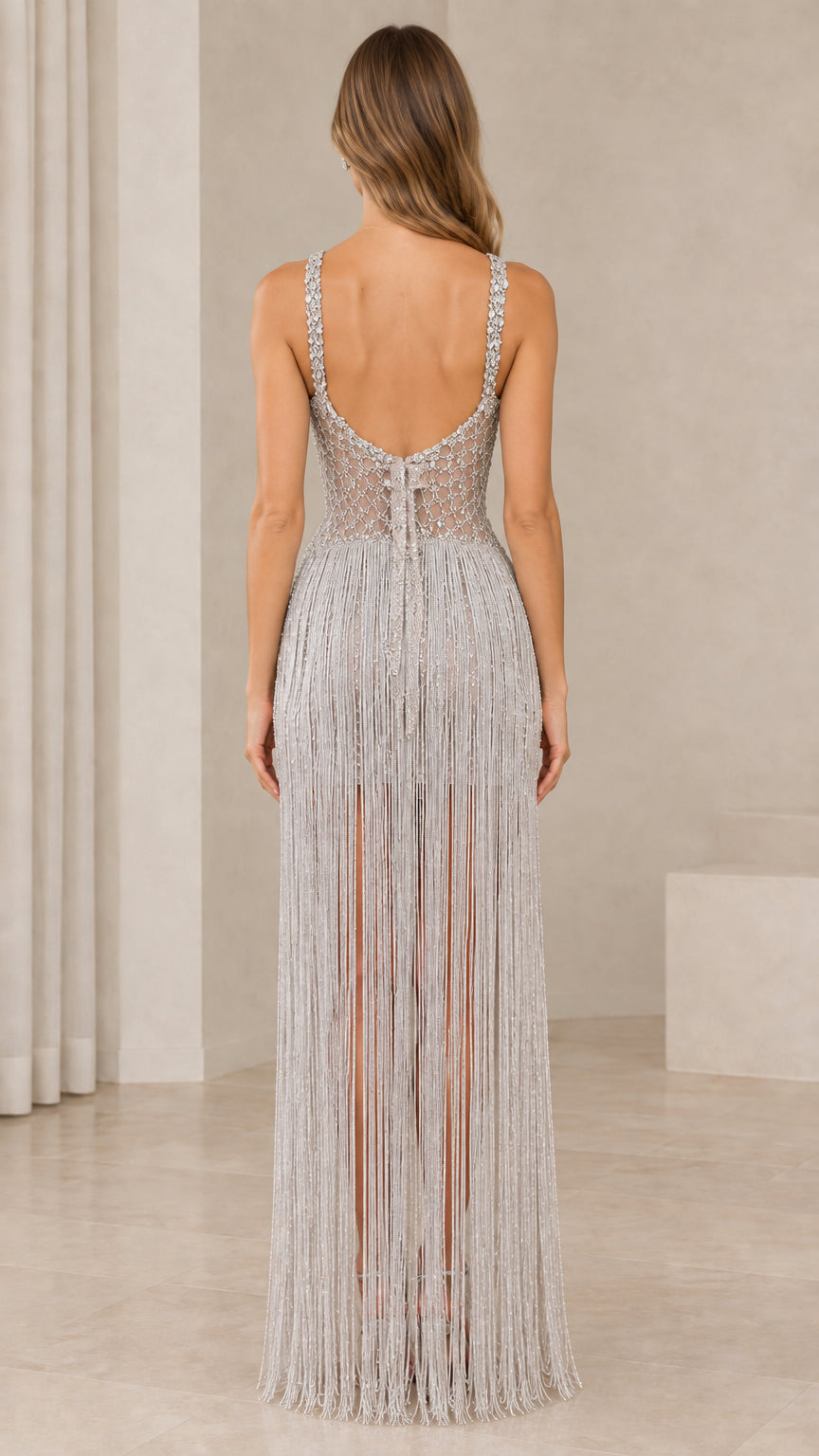 Silver low back rhinestone fringe evening maxi dress back view