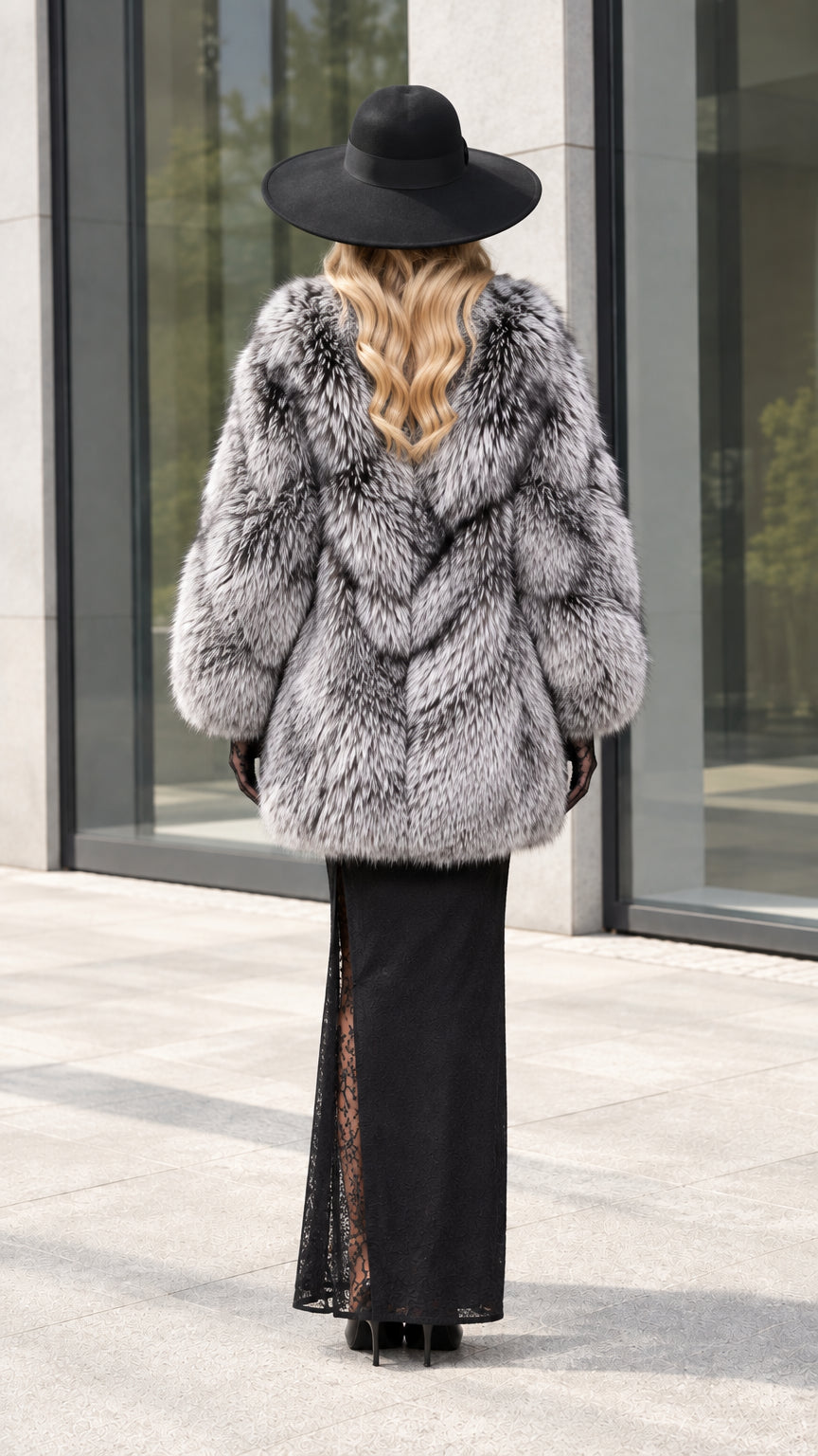 Back view of model in Silver Grey faux fur coat highlighting chevron textured fur pattern