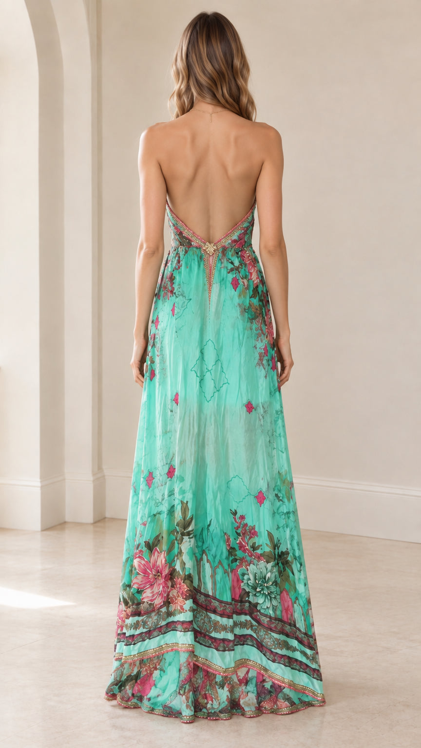 Back view of turquoise floral maxi dress showing low back design
