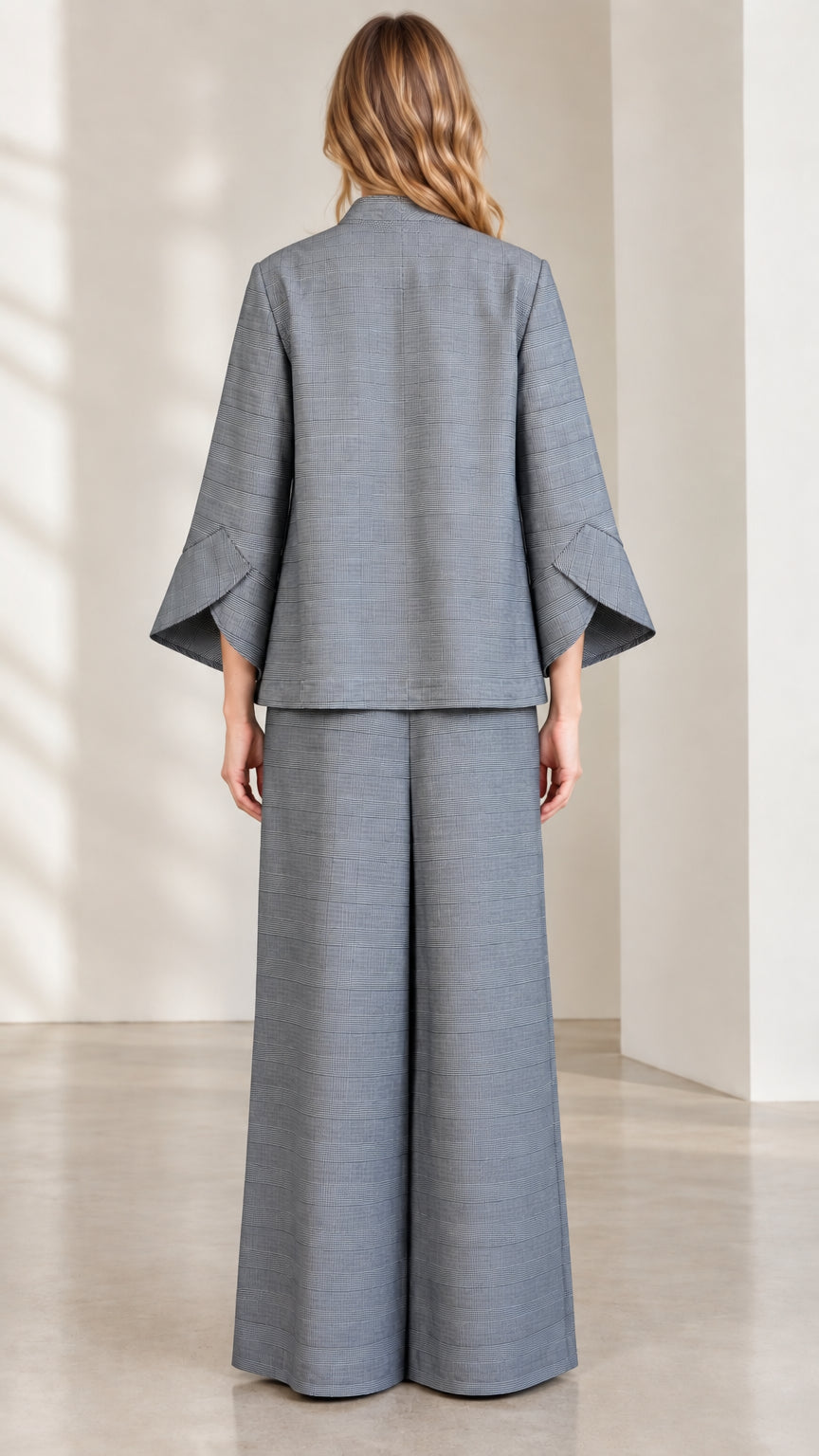 Back view of Grey Plaid Mandarin Collar Jacket and Wide-Leg Pants