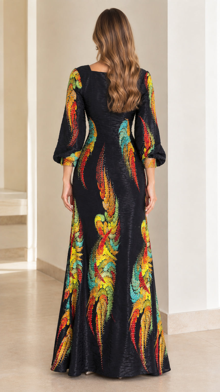Back view of black square neck evening gown