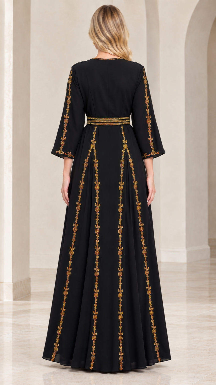 Back view of black gold-embroidered floor-length A-line dress