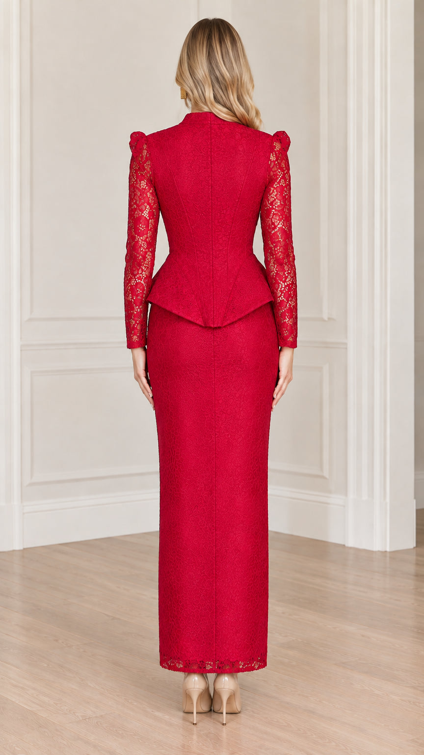 Back view of red long sleeve structured lace maxi dress