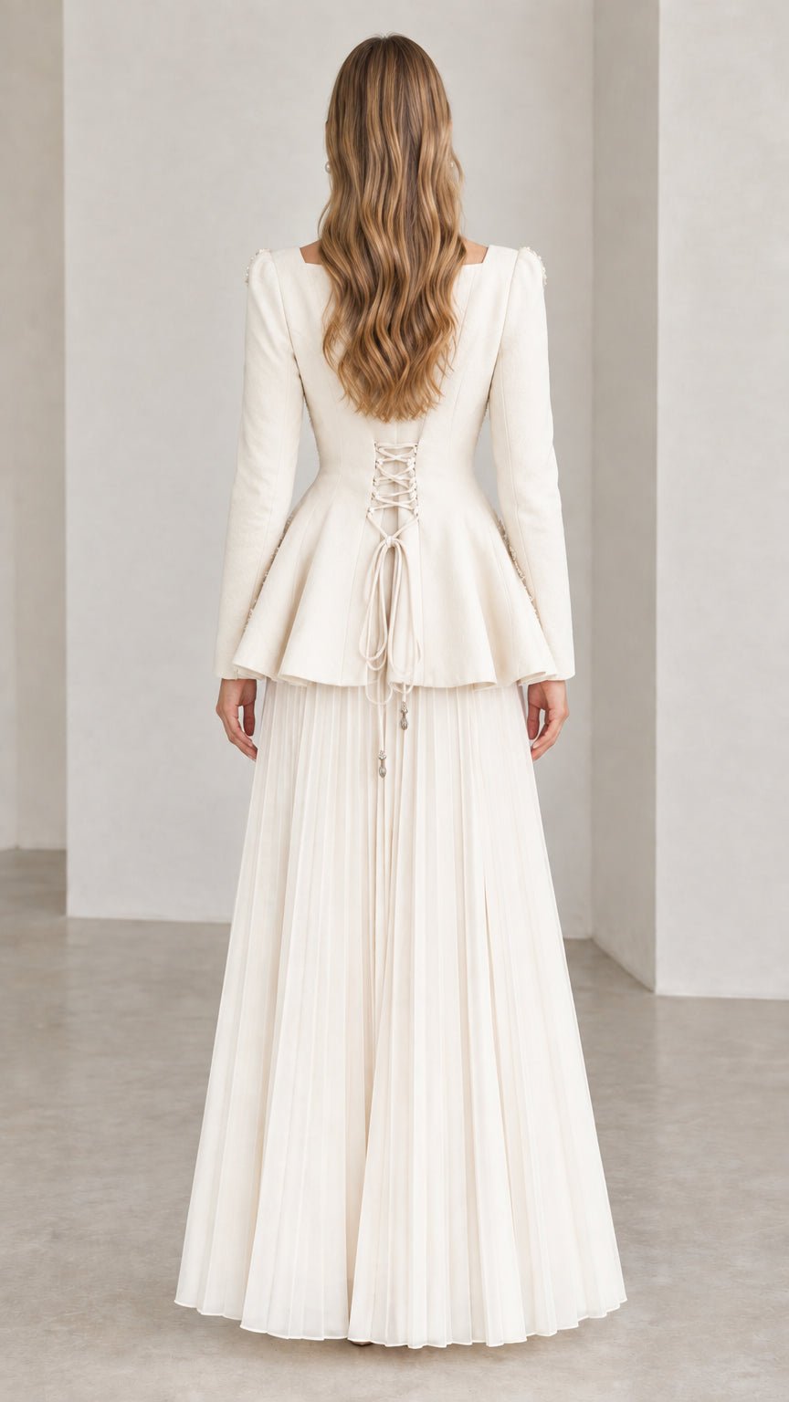 Off-white corset peplum maxi dress back view showing back lace-up waist