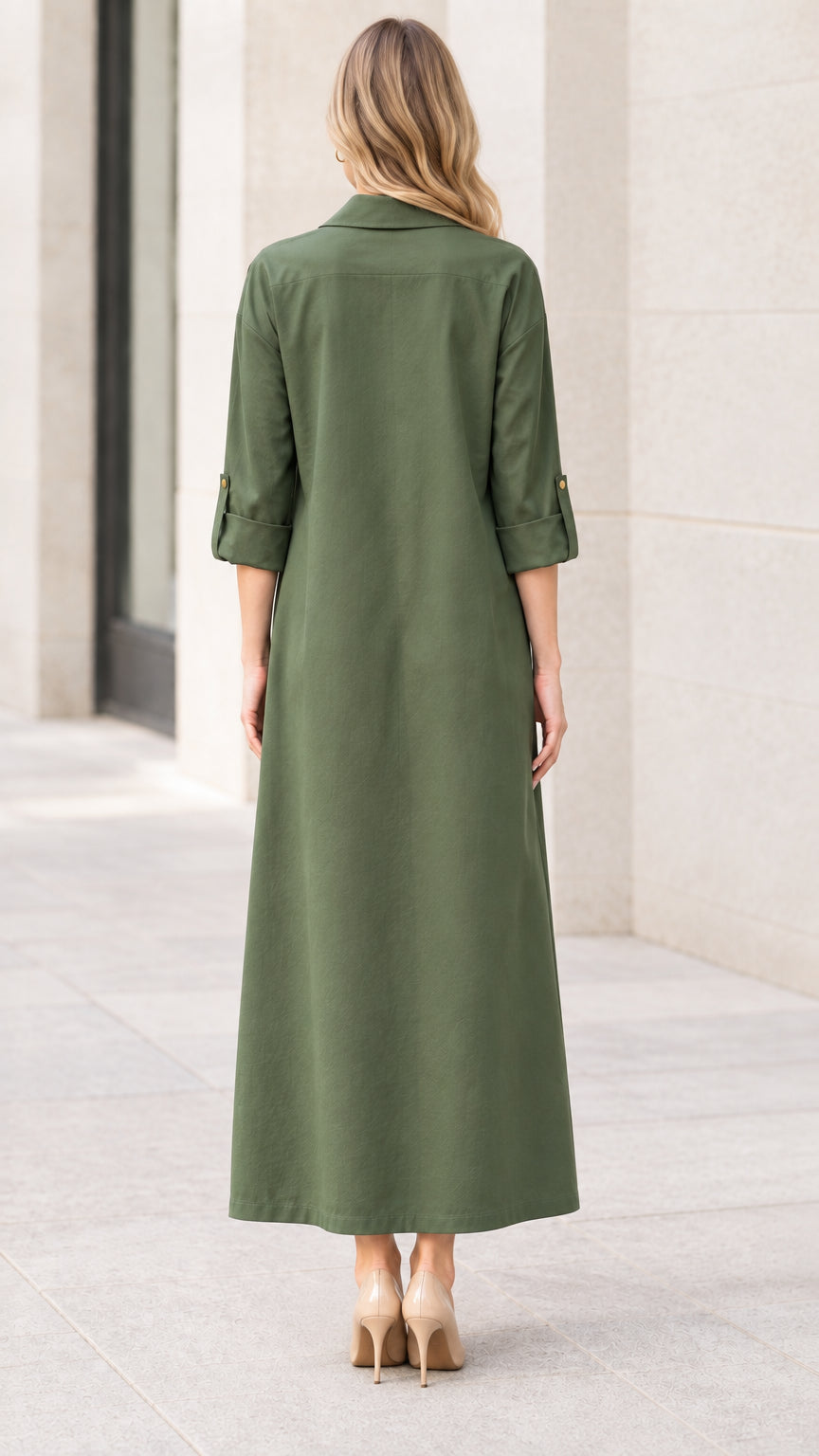 Back view of women's olive green maxi shirt dress with collar