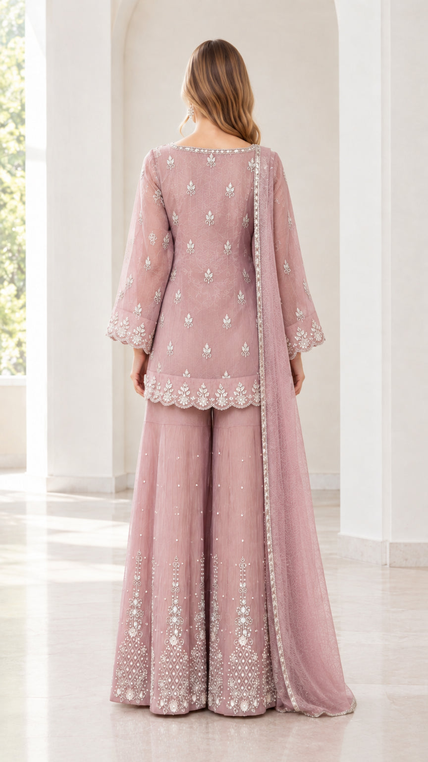 Back view of dusty rose embroidered tunic top and flared sharara palazzo pants