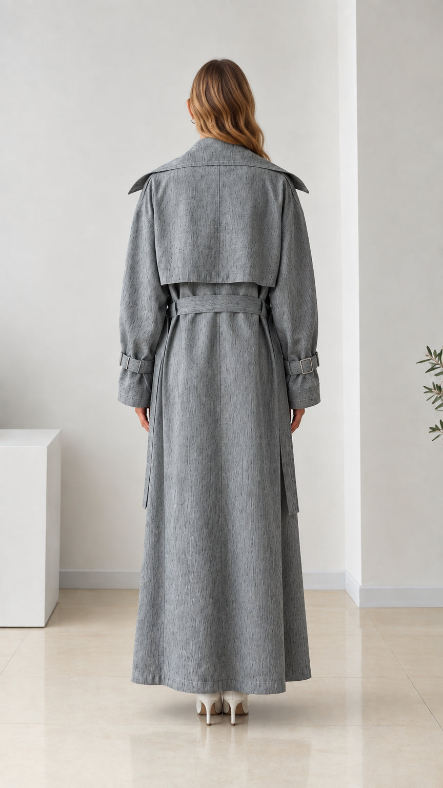 Back view of women's grey maxi trench coat showing storm flap