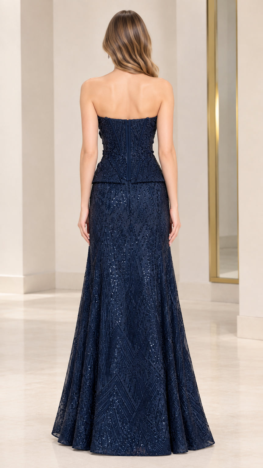 Navy Blue formal strapless sequin dress back view