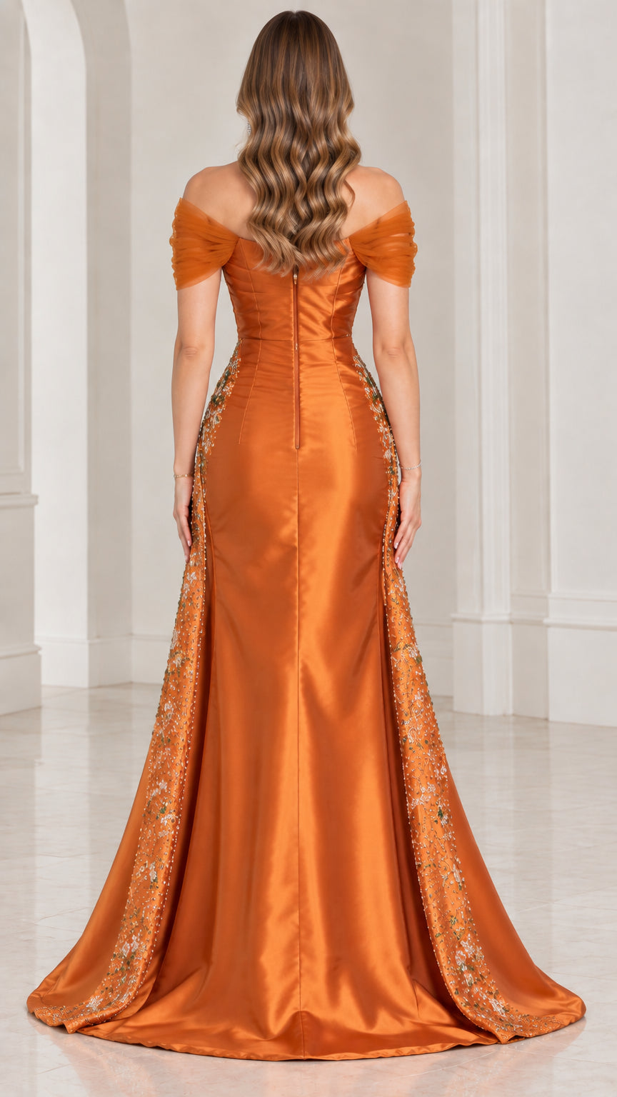 Back view of rust orange floor-length satin evening gown with sweeping train