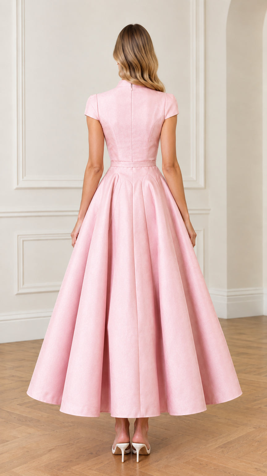 Back view of woman showing tailored back and zipper on Pink maxi dress