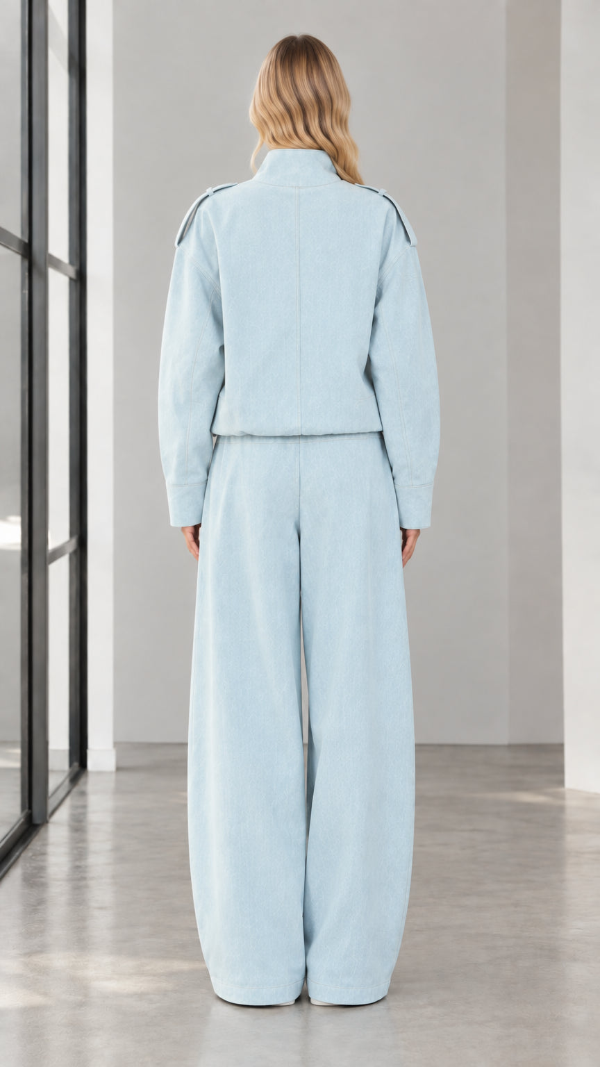 Back view of woman wearing Light Blue matching two piece pant set