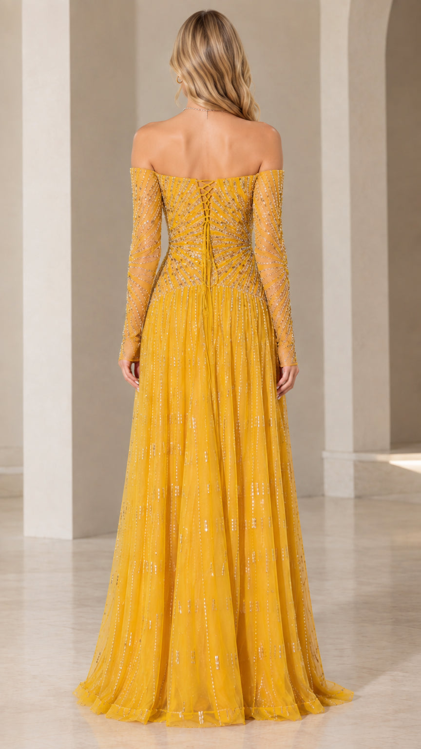 Back view of mustard yellow sequin evening gown showing lace-up back detail
