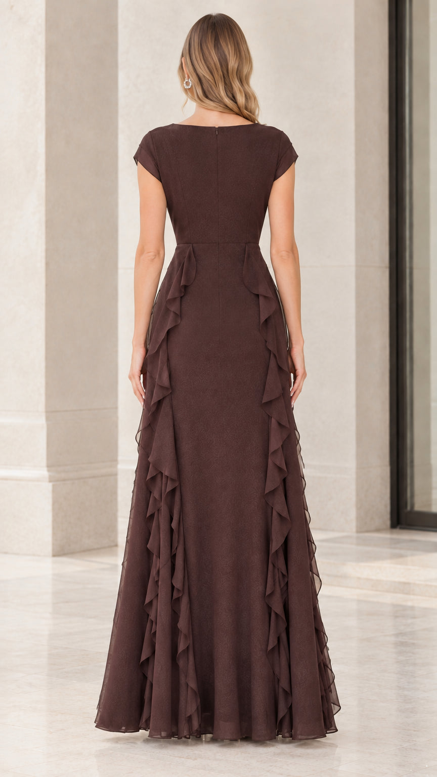 Back view of floor-length chocolate brown evening dress showing clean silhouette