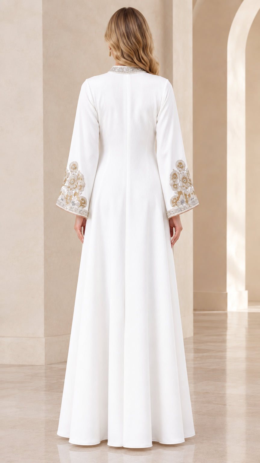 Back view of floor-length white kaftan maxi gown showing flowy drape