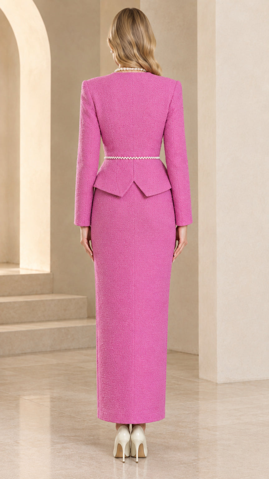 Back view of model in Rose Pink tailored tweed peplum jacket and long skirt