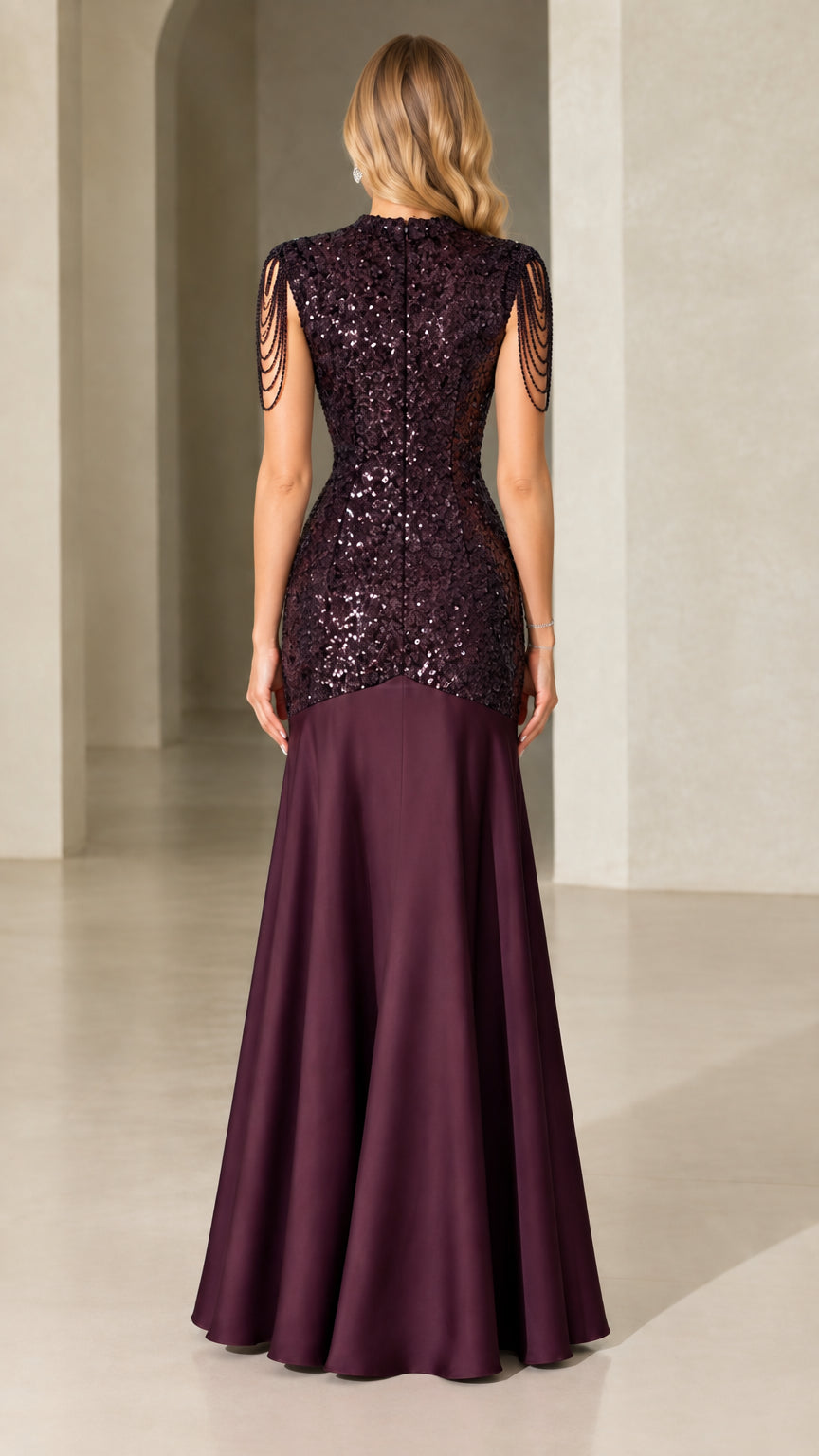 Back view of burgundy sequin and smooth fabric maxi evening gown