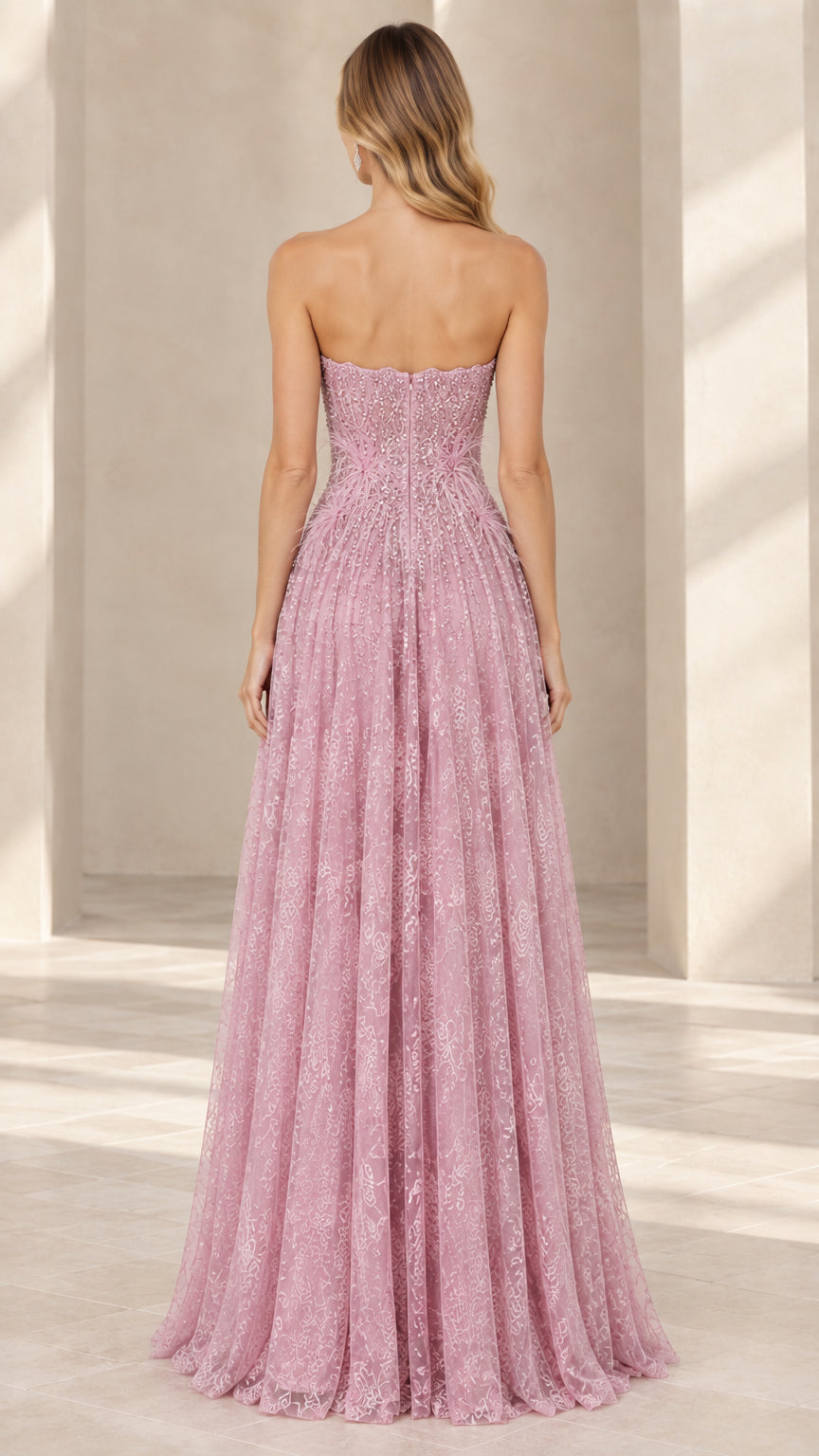 Dusty rose strapless formal gown back view showing zipper closure