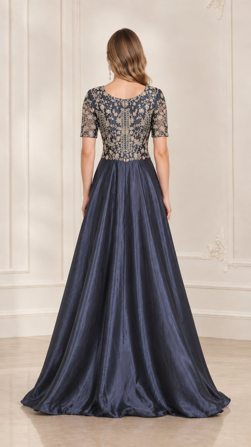 Back view of model wearing Navy Blue scoop-back formal evening gown