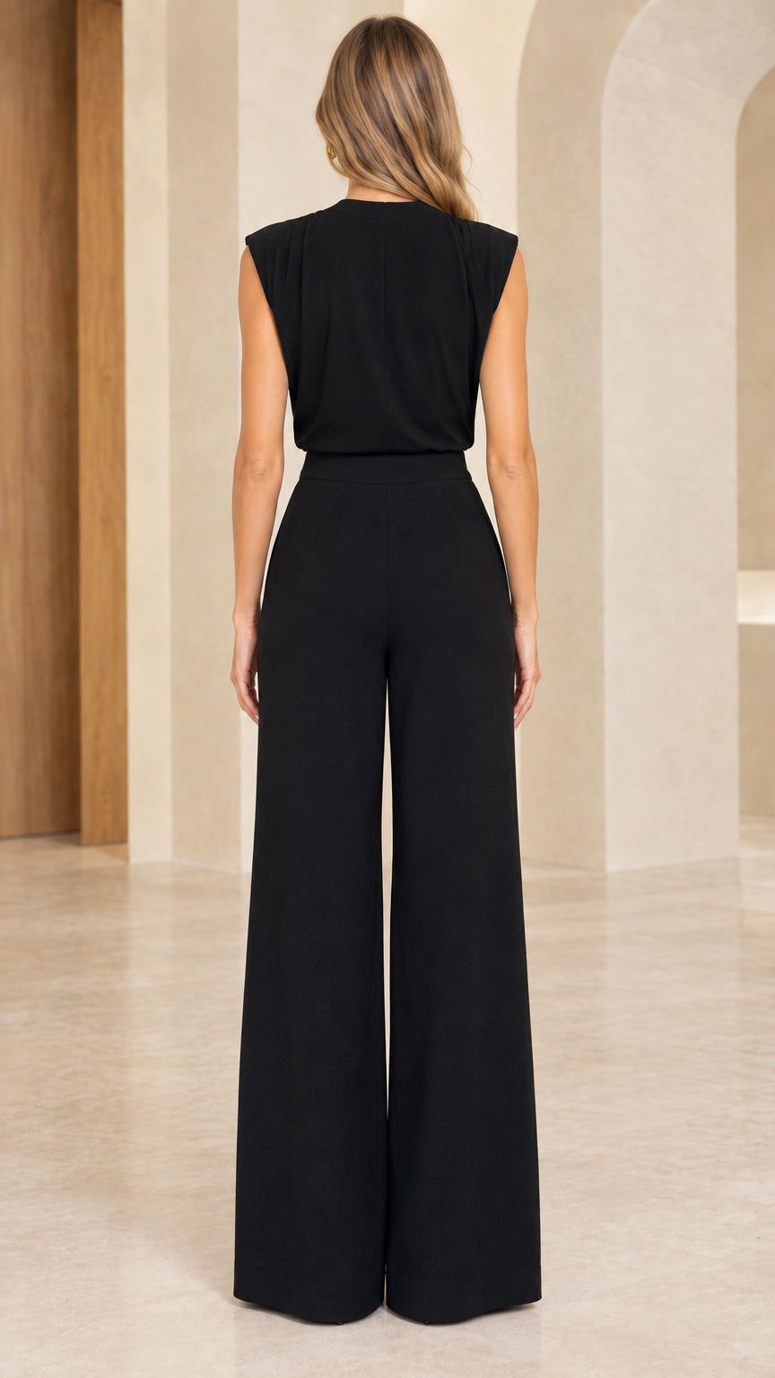 Back view of model wearing black tailored wide leg jumpsuit