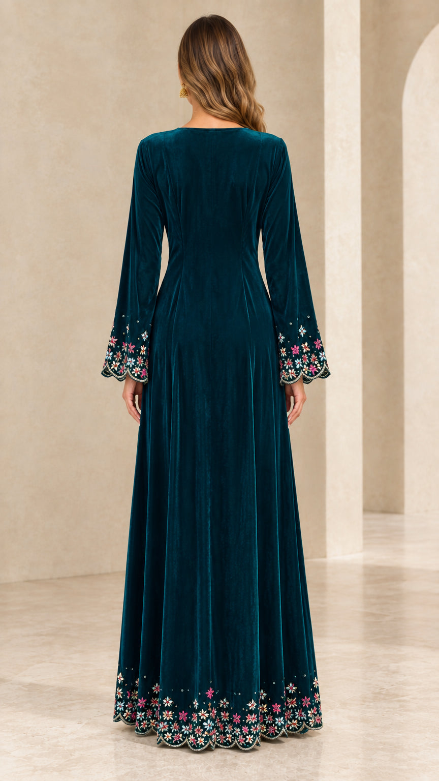 Back view of teal velvet evening gown with adjustable lace-up corset detail