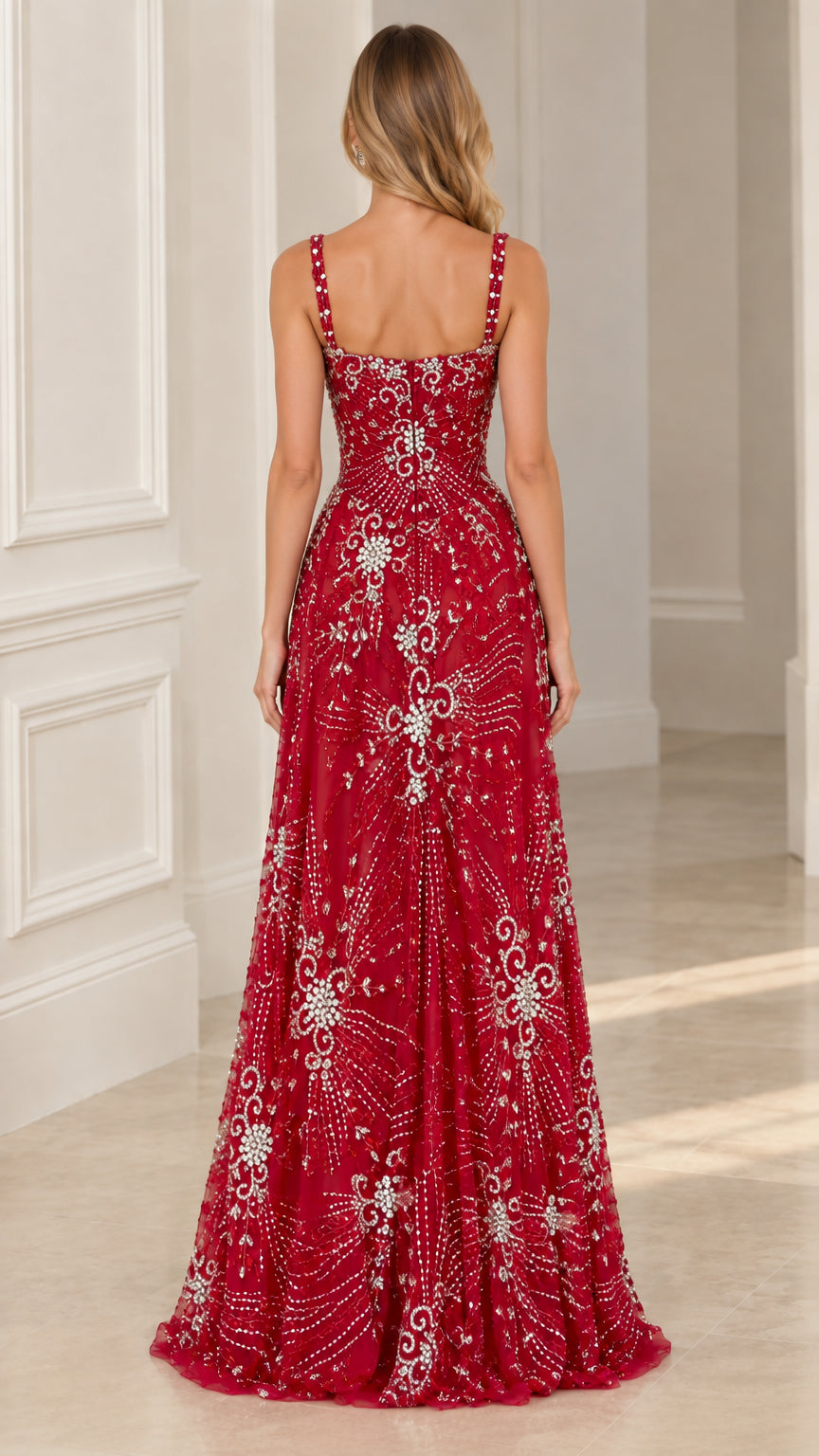 Back full-length view of Ruby Red sparkling embellished evening gown