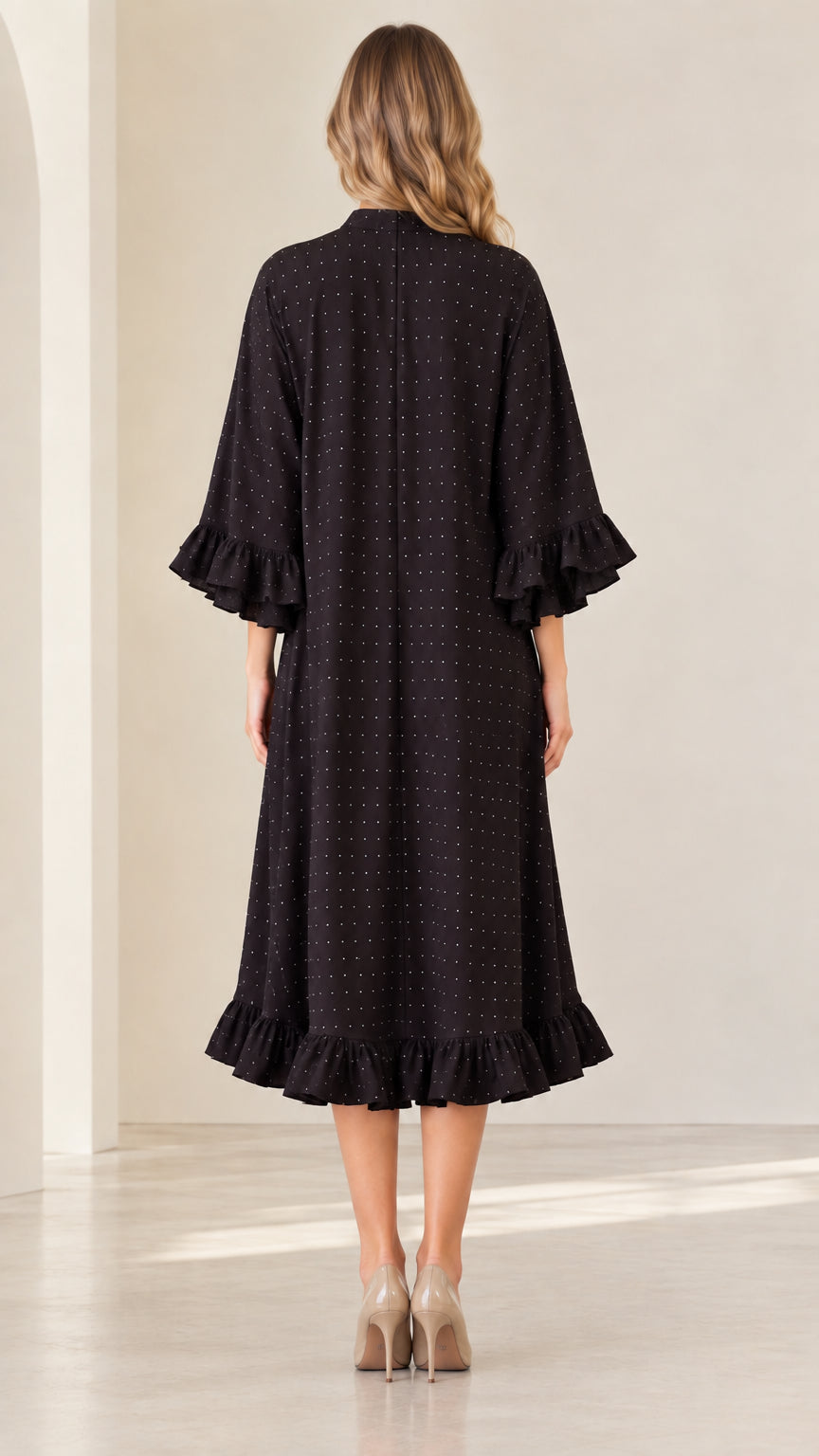 Back view of black sparkle relaxed fit midi dress