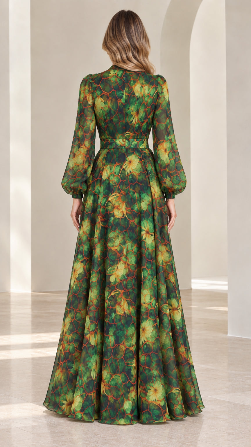 Back view of model in Emerald Green floral belted chiffon maxi dress