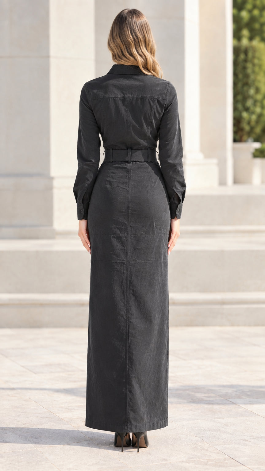 Back view of model wearing black tailored long sleeve maxi dress