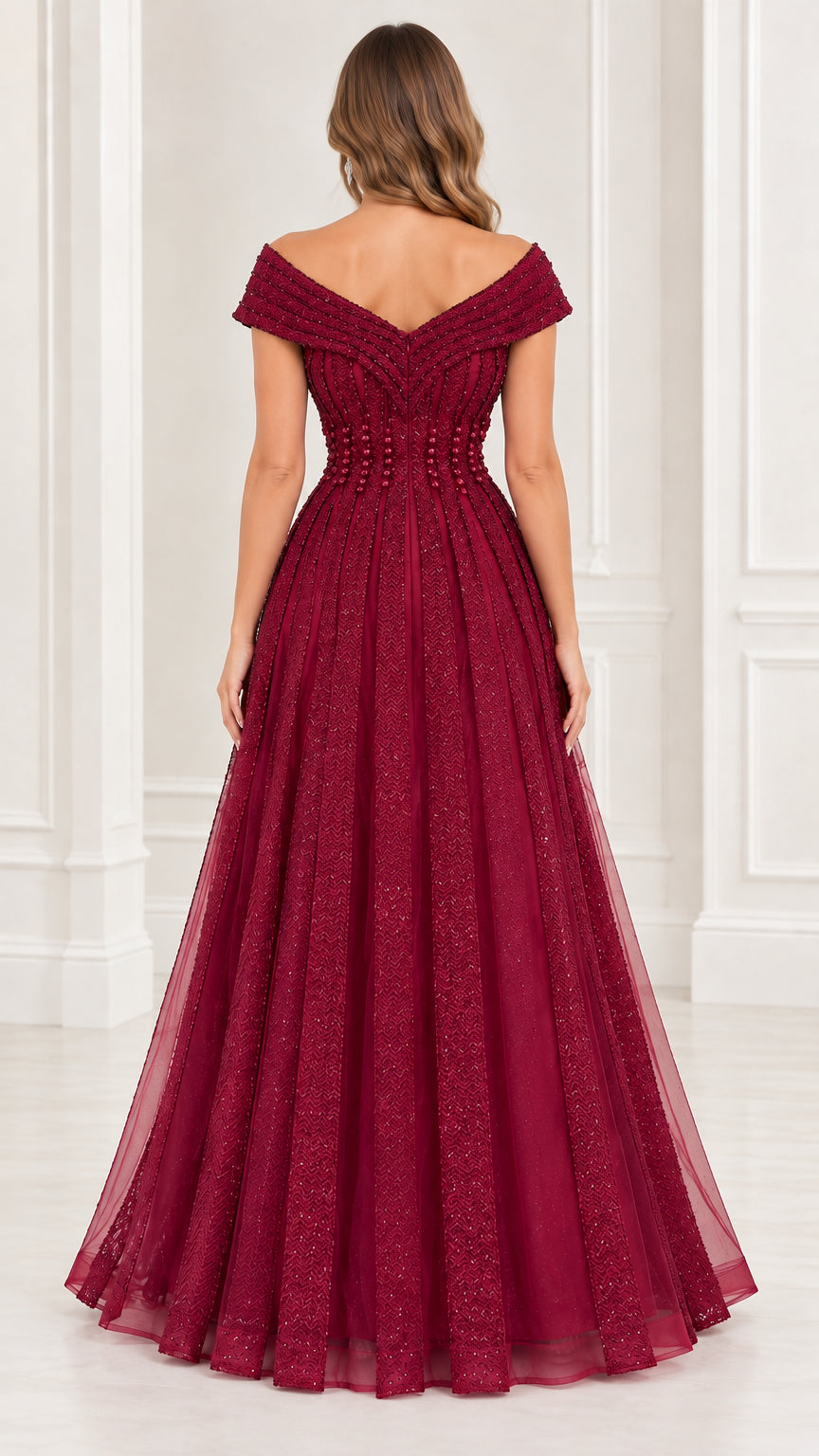 Back view of burgundy off-the-shoulder A-line gown showing V-back design