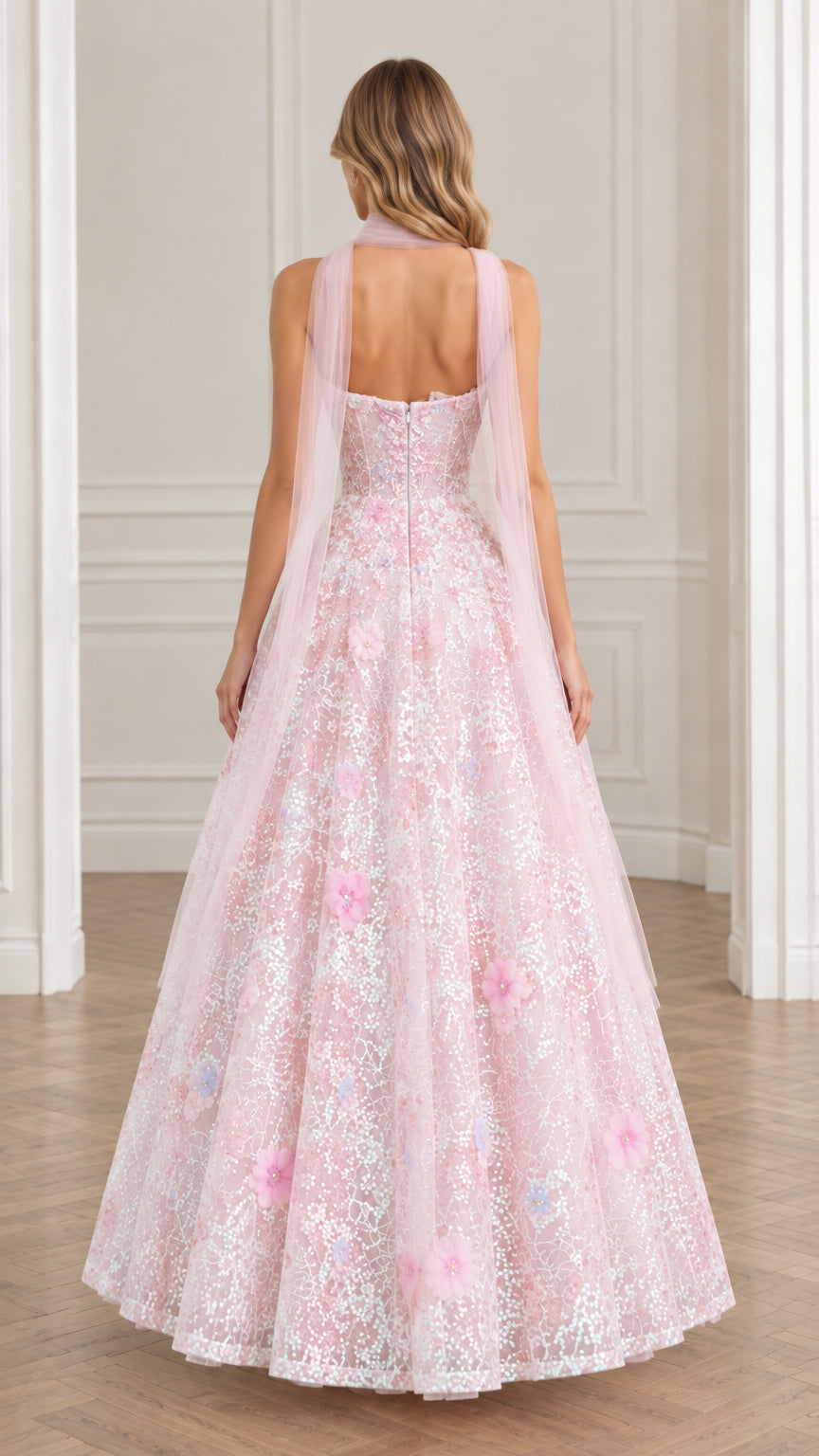 Back full-length view of model showcasing Blush Pink A-line sequin evening gown with draped neck scarf