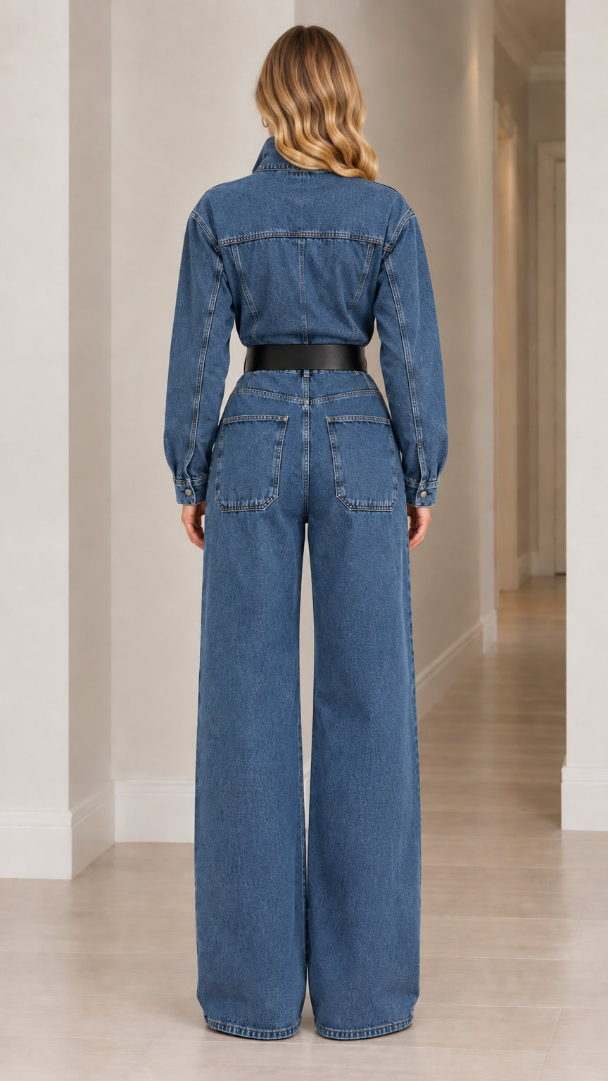 Back view of woman wearing medium blue wide leg denim jumpsuit