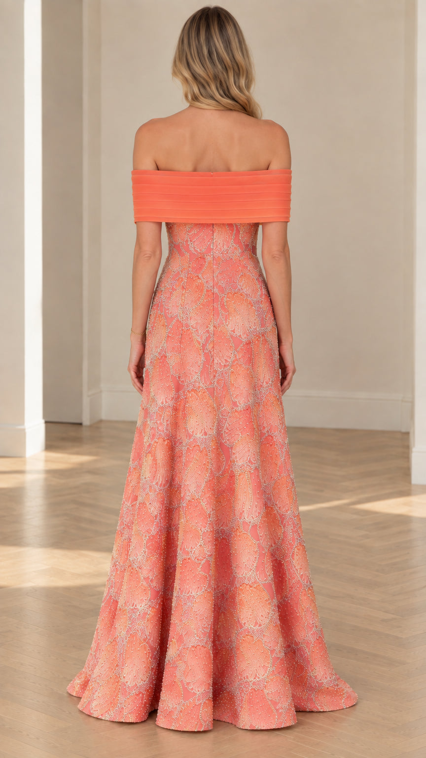 Back view of floor-length coral off-the-shoulder evening dress