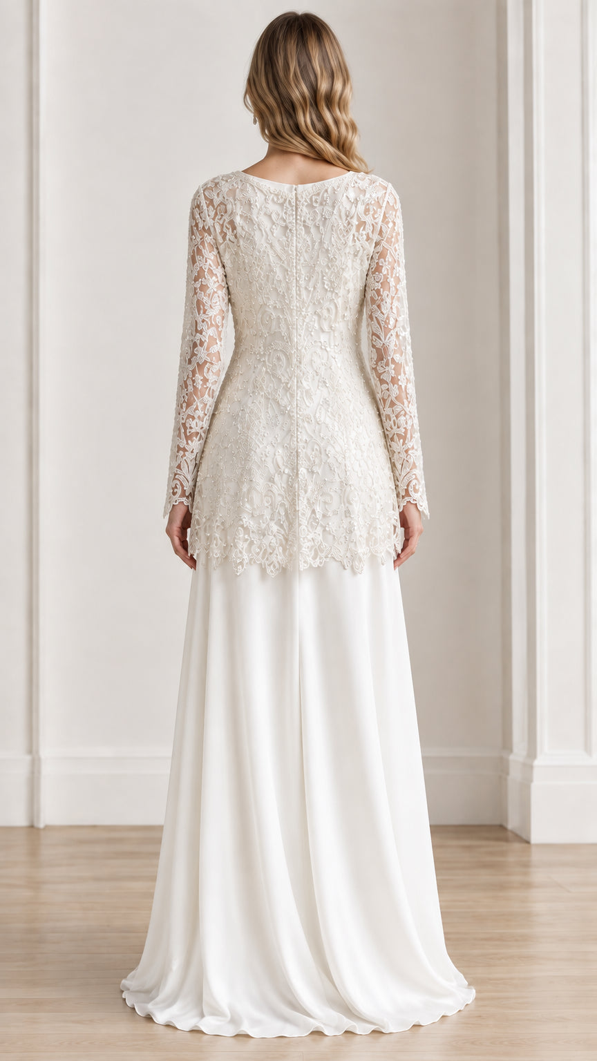 Back view of Ivory formal long-sleeve lace jacket and flowing trousers