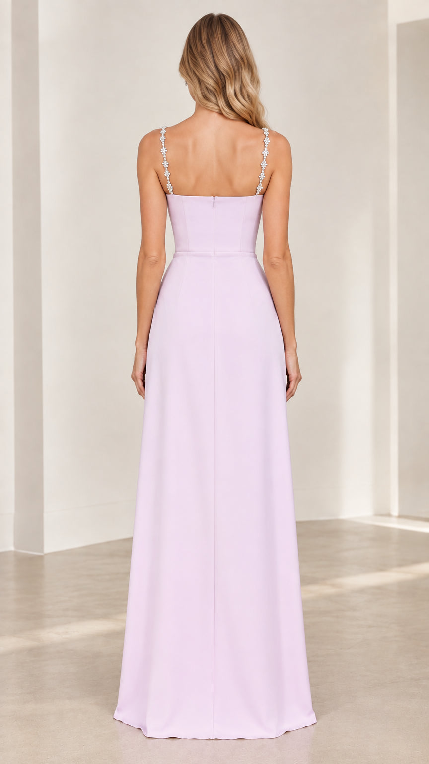 Lilac evening gown back view showing concealed zipper closure