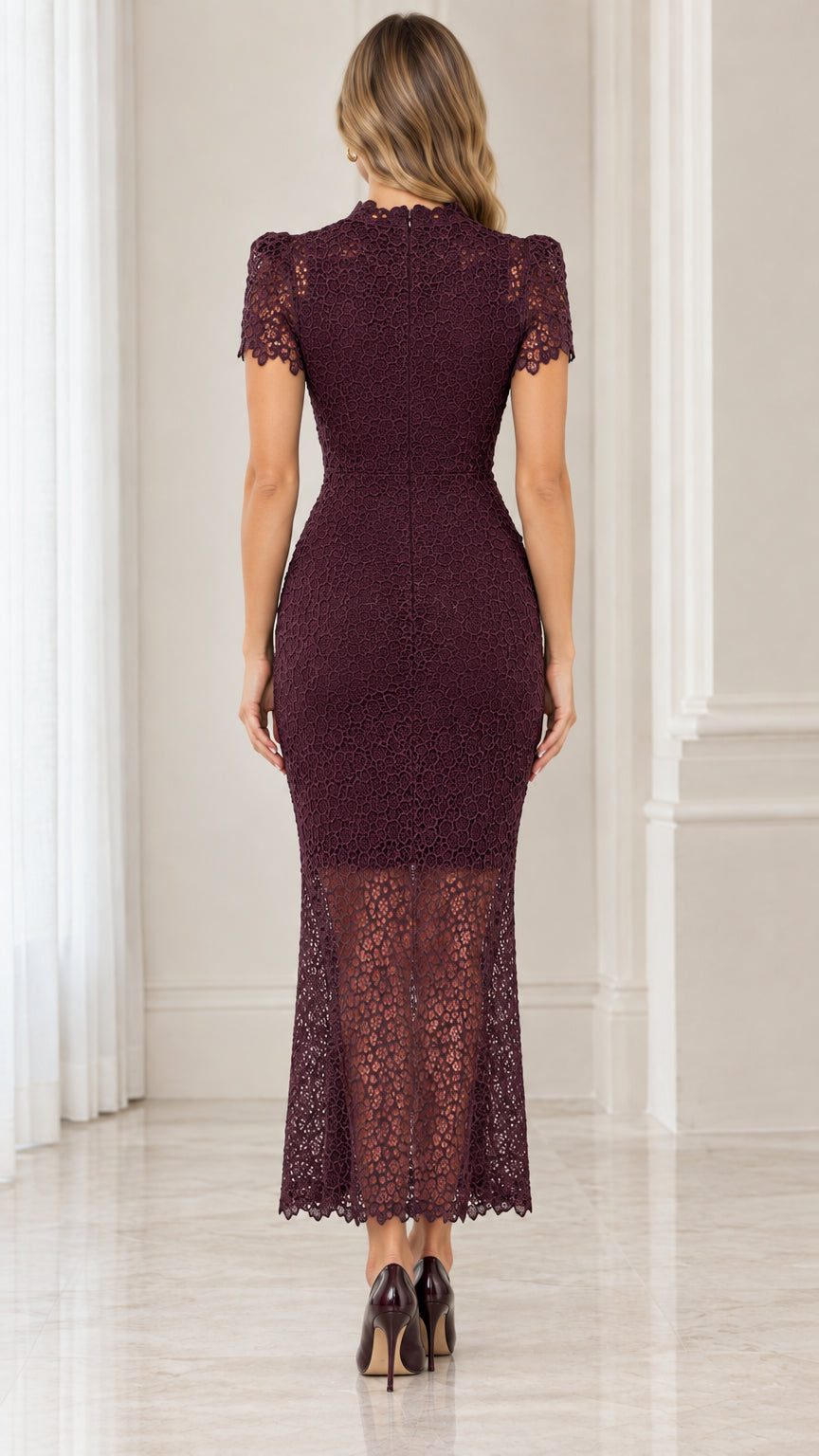 Back view of burgundy lace midi dress showing tailored fit and hem
