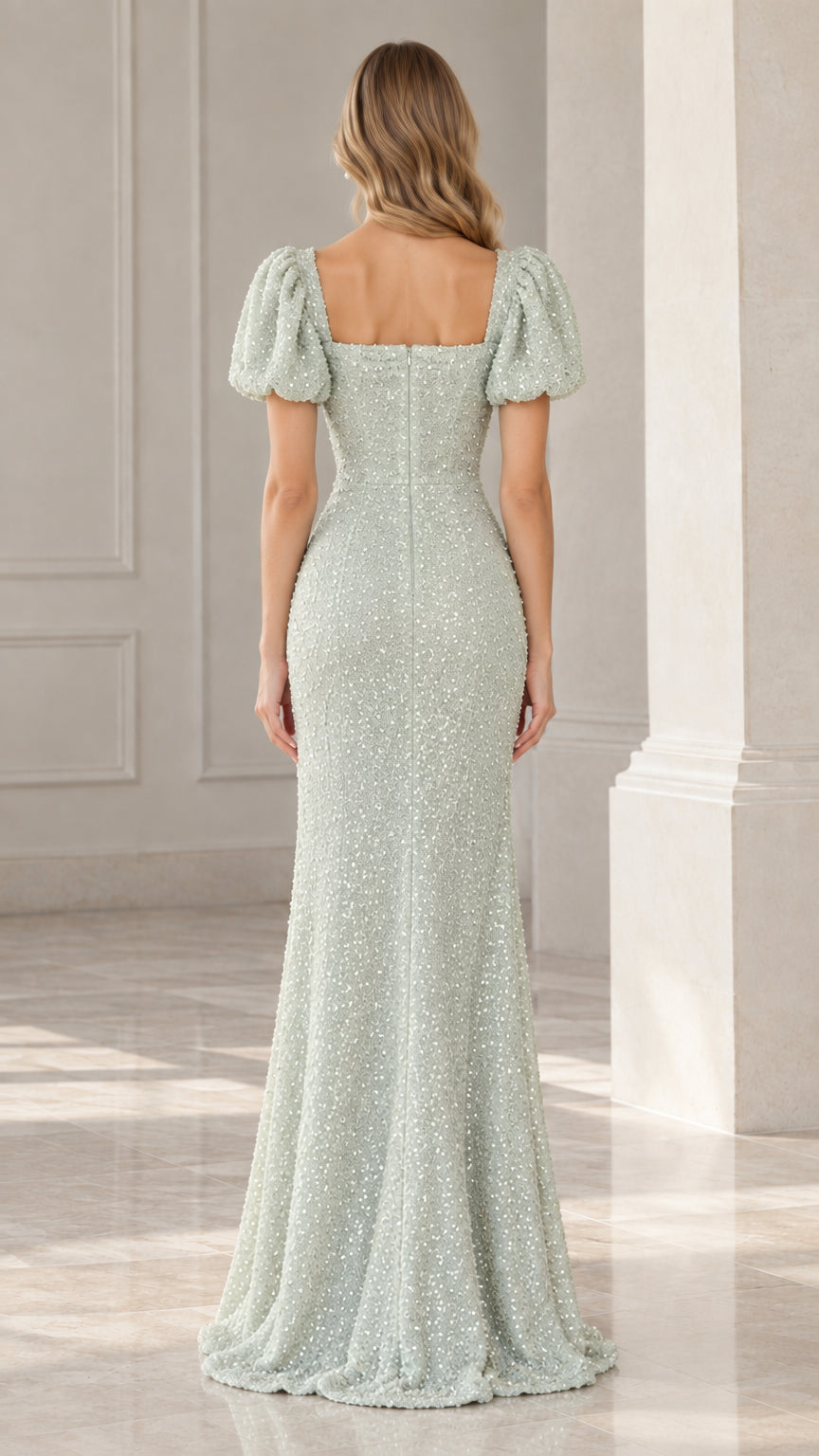 Back view of model wearing sage green square-back sequin evening gown