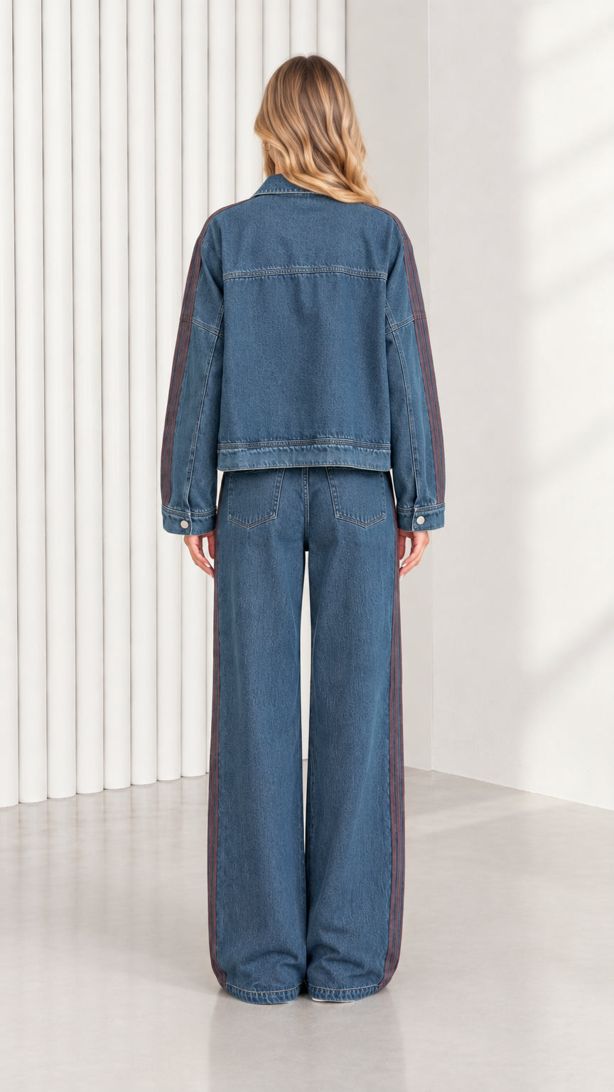 Back view of Classic Blue denim jacket and wide leg jeans two piece set