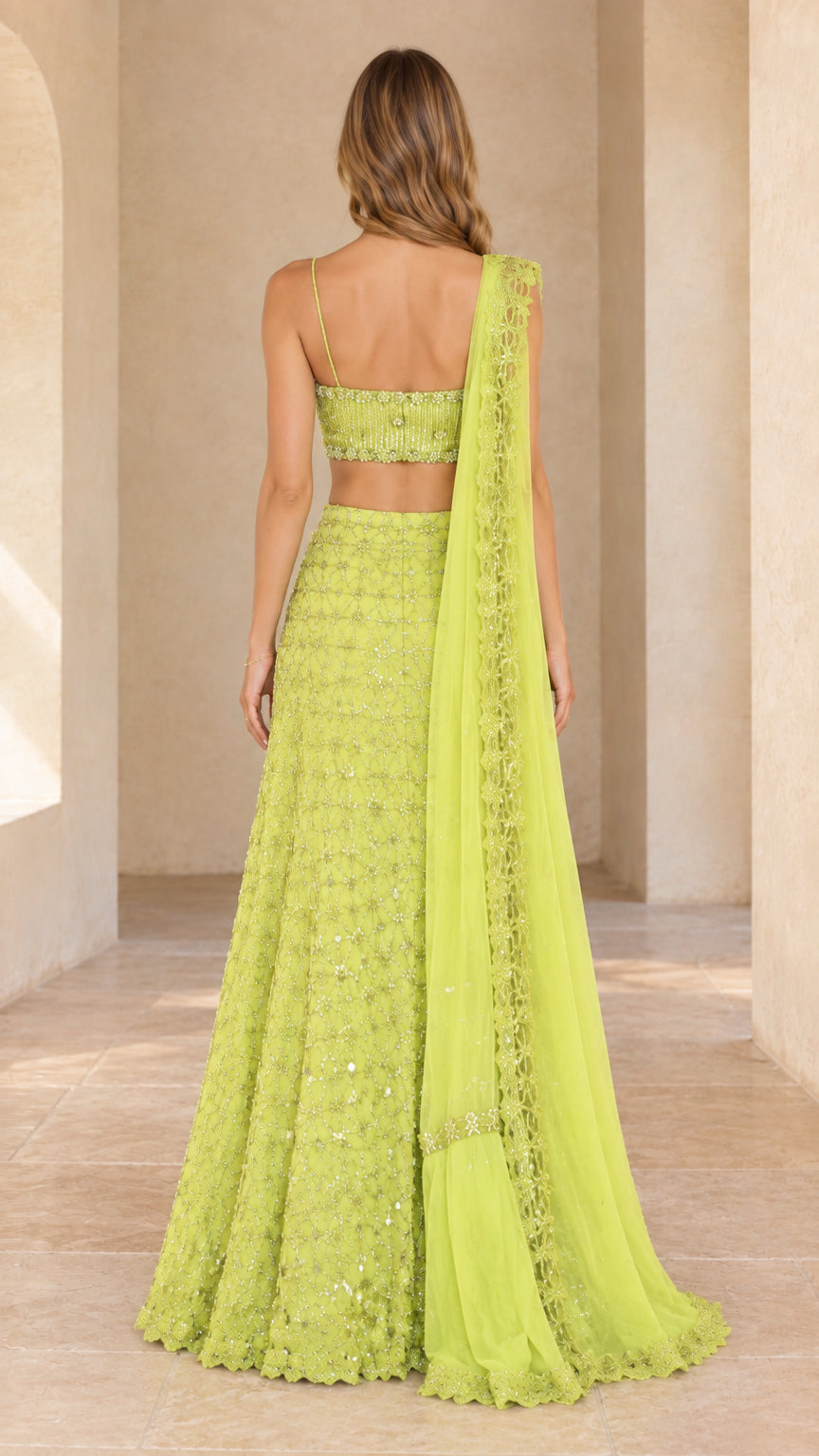 Lime green sequined crop top and skirt set back view