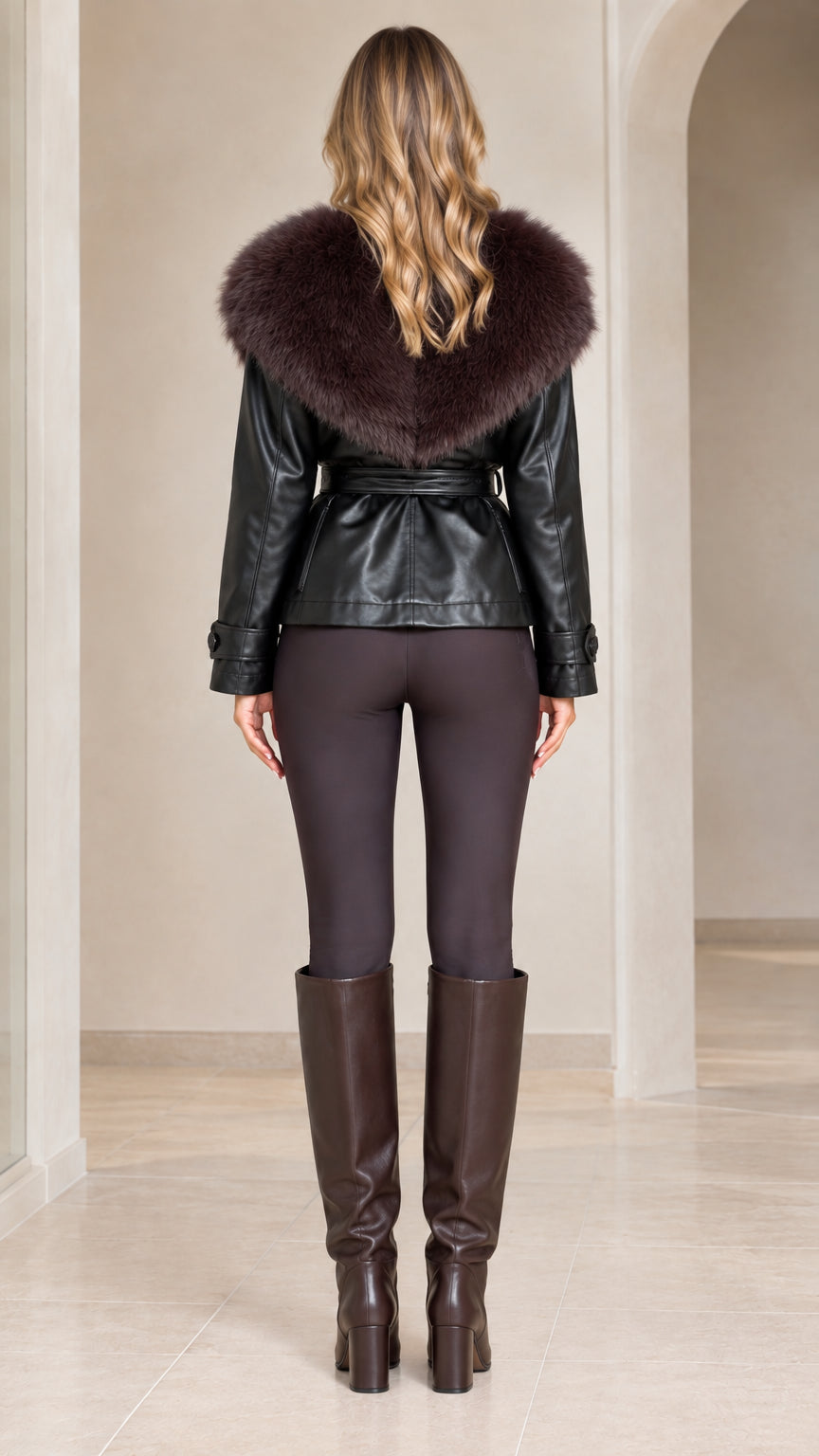 Back view of model showing wide faux fur collar and belted waist on black jacket