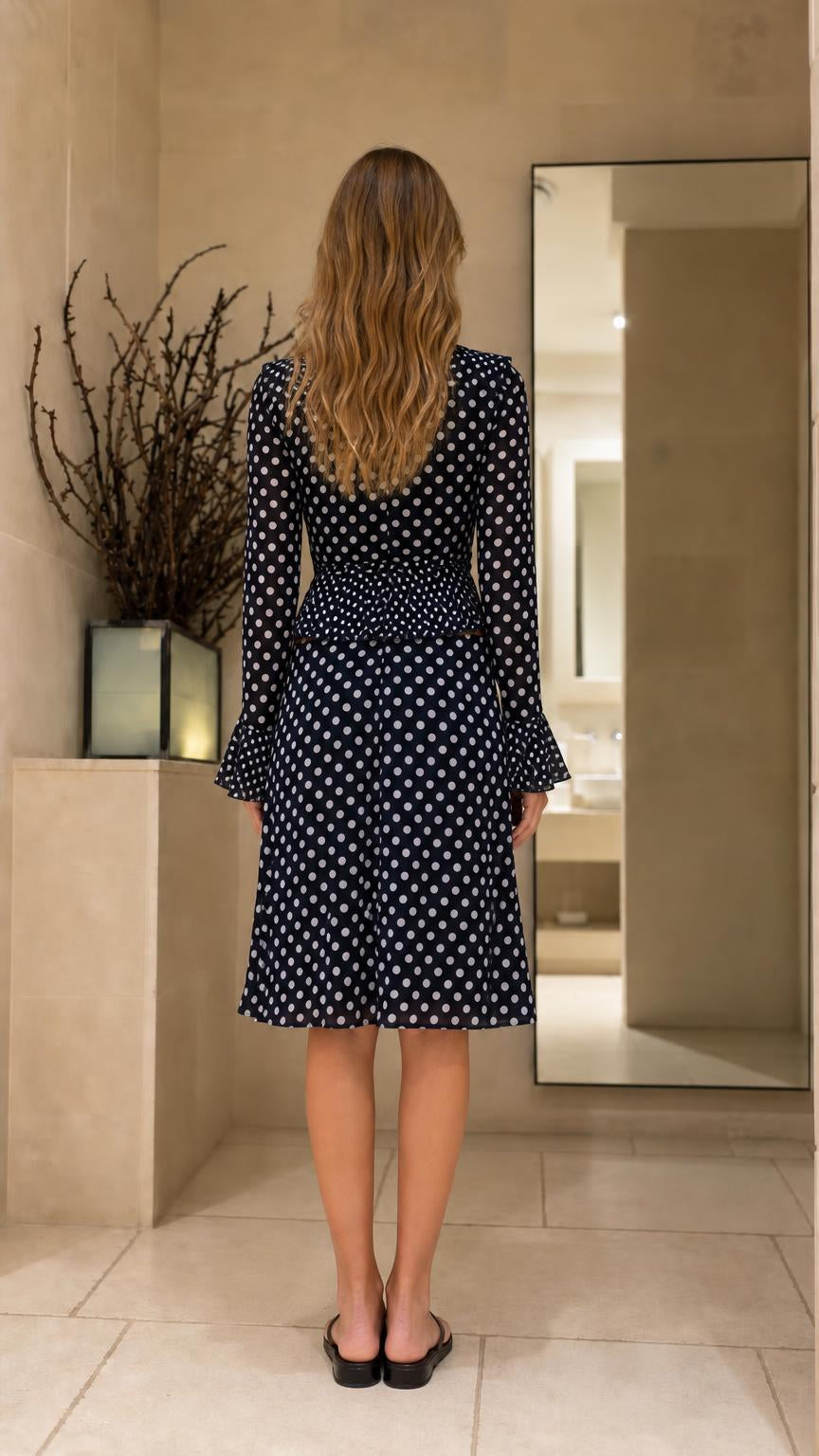 Back view of Navy Blue polka dot matching set