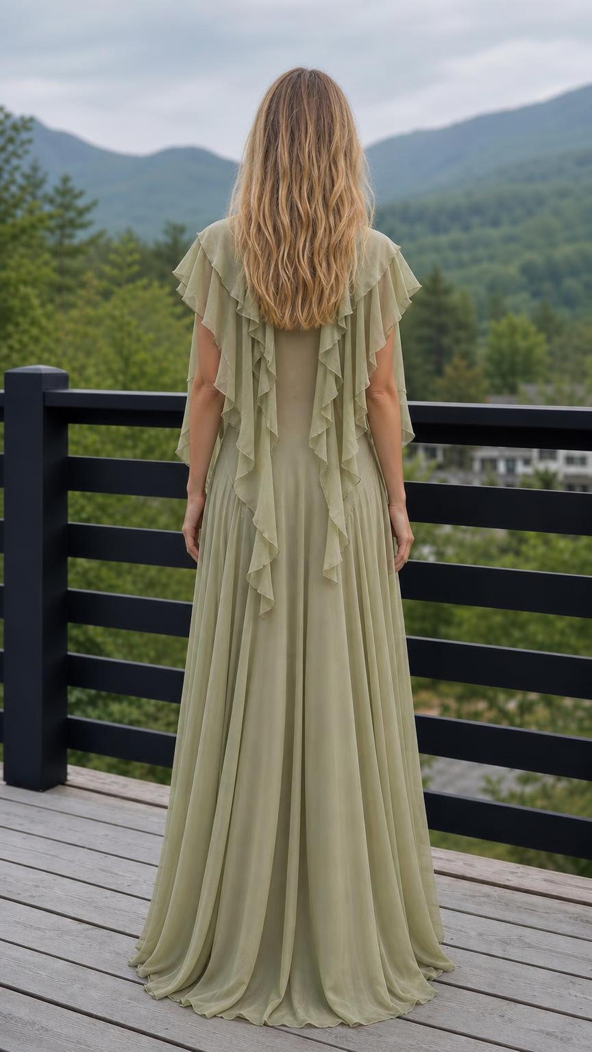 Ethereal Ruffled V-Neck Maxi Dress in Sage Green back view
