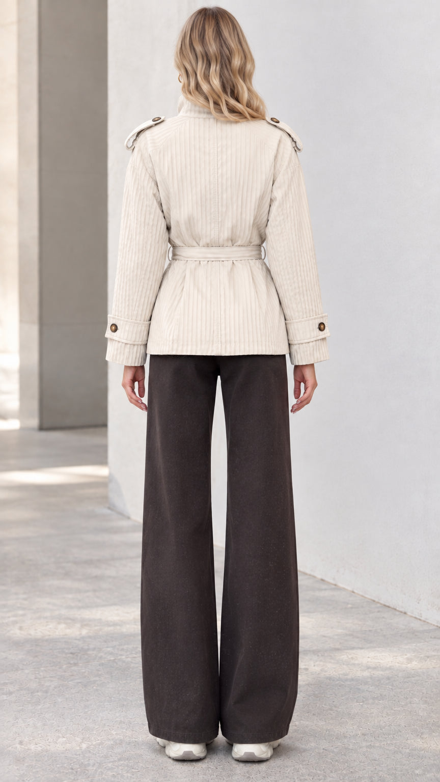 Back view of cream textured short jacket with waist tie belt
